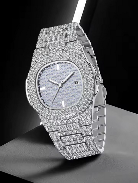 Luxury Men’s Quartz Wrist Watch – Alloy Y2K Diamond Iced-Out Design, Premium Shiny Statement Timepiece for Parties, Vacations & Gifts