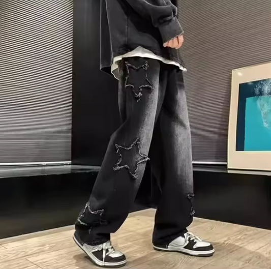 Star embroidered Mens Jeans Straight Hip Hop Cotton Trousers