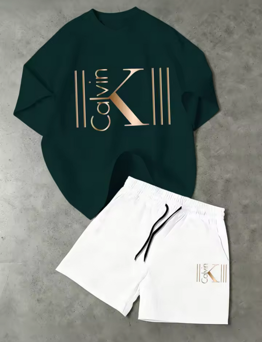 CK Graphic Short Set, Elastic Waist Pocket Three-Point Shorts Matching Tee For Beach Trips&Indoor Lounging