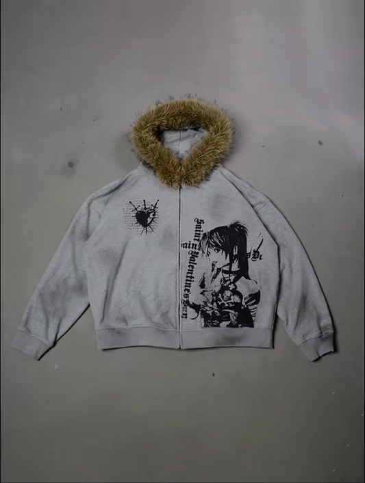 Winter Fashion Gothic Printed Faux Fur Hooded Jacket