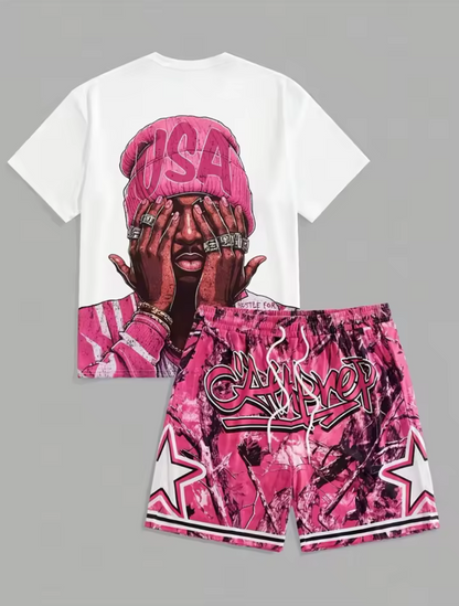 Men's summer fashion USA elastic breathable round neck T-shirt, drawstring shorts set