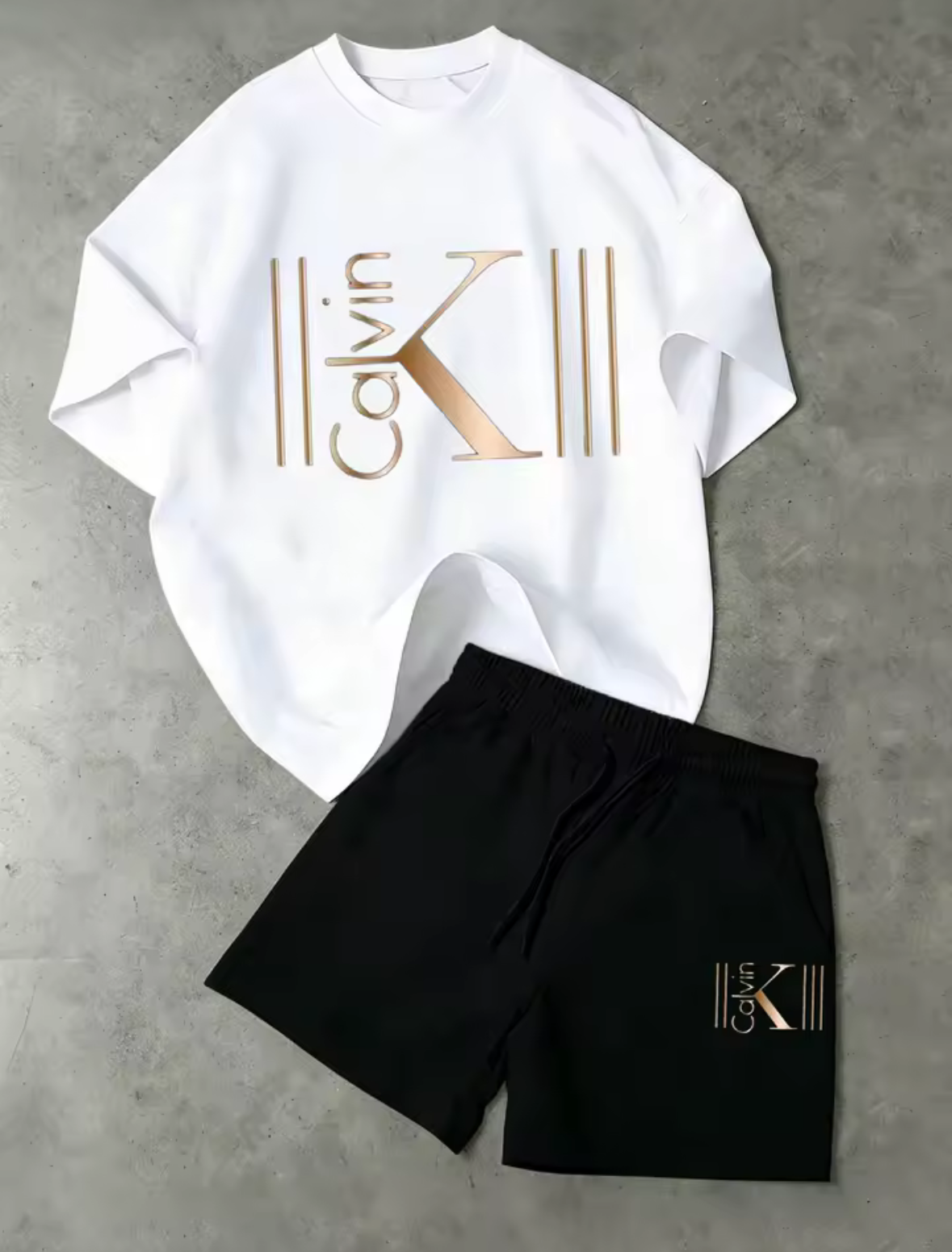 CK Graphic Short Set, Elastic Waist Pocket Three-Point Shorts Matching Tee For Beach Trips&Indoor Lounging