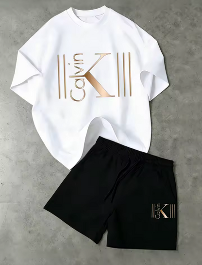 CK Graphic Short Set, Elastic Waist Pocket Three-Point Shorts Matching Tee For Beach Trips&Indoor Lounging