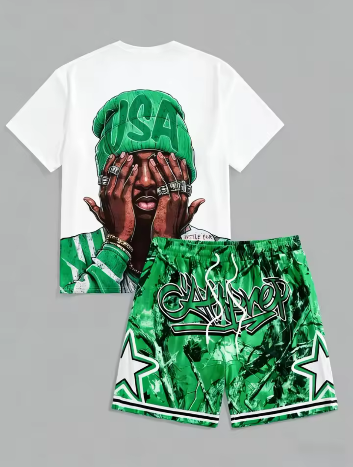Men's summer fashion USA elastic breathable round neck T-shirt, drawstring shorts set