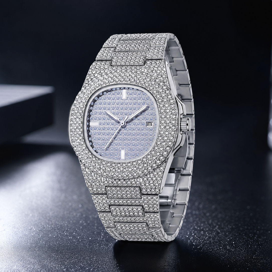 Luxury Men’s Quartz Wrist Watch – Alloy Y2K Diamond Iced-Out Design, Premium Shiny Statement Timepiece for Parties, Vacations & Gifts