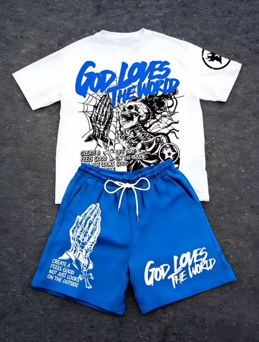 Men's summer skull letter print comfortable and breathable round neck T-shirt drawstring shorts set