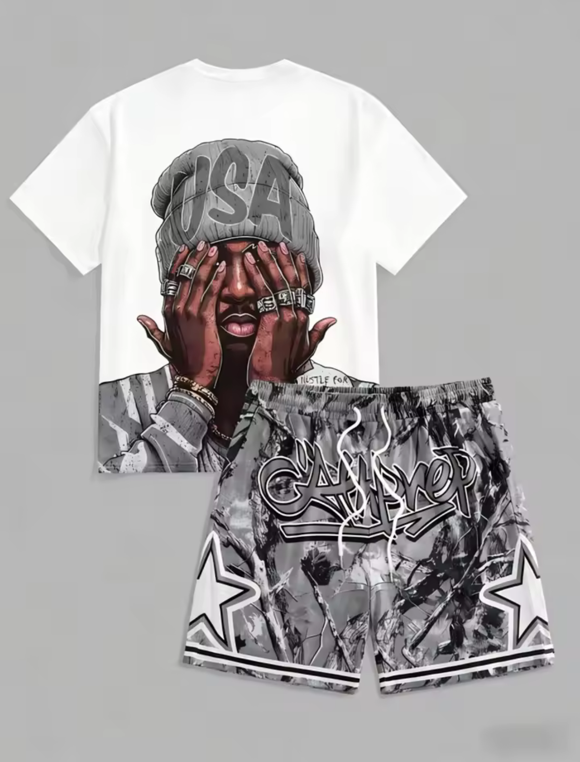 Men's summer fashion USA elastic breathable round neck T-shirt, drawstring shorts set