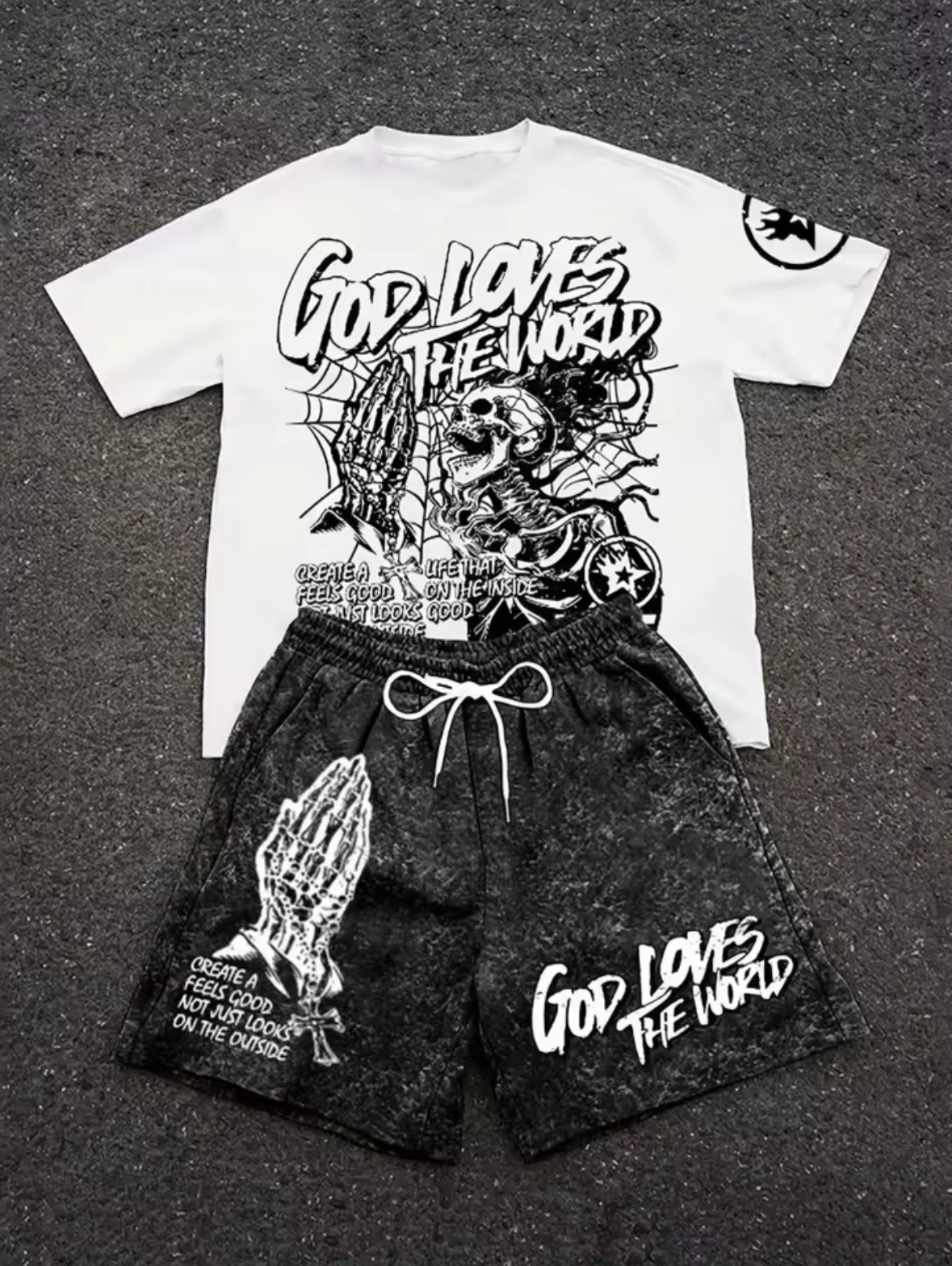 Men's summer skull letter print comfortable and breathable round neck T-shirt drawstring shorts set