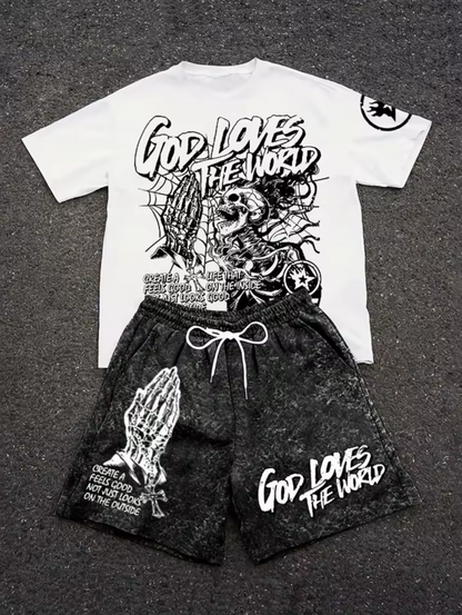 Men's summer skull letter print comfortable and breathable round neck T-shirt drawstring shorts set