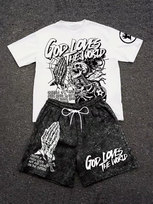 Men's summer skull letter print comfortable and breathable round neck T-shirt drawstring shorts set