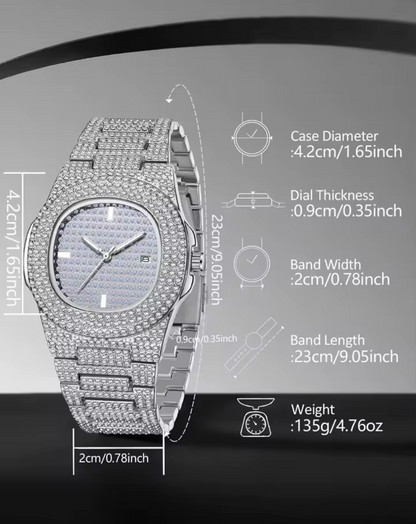 Luxury Men’s Quartz Wrist Watch – Alloy Y2K Diamond Iced-Out Design, Premium Shiny Statement Timepiece for Parties, Vacations & Gifts