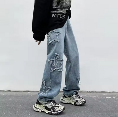 Star embroidered Mens Jeans Straight Hip Hop Cotton Trousers