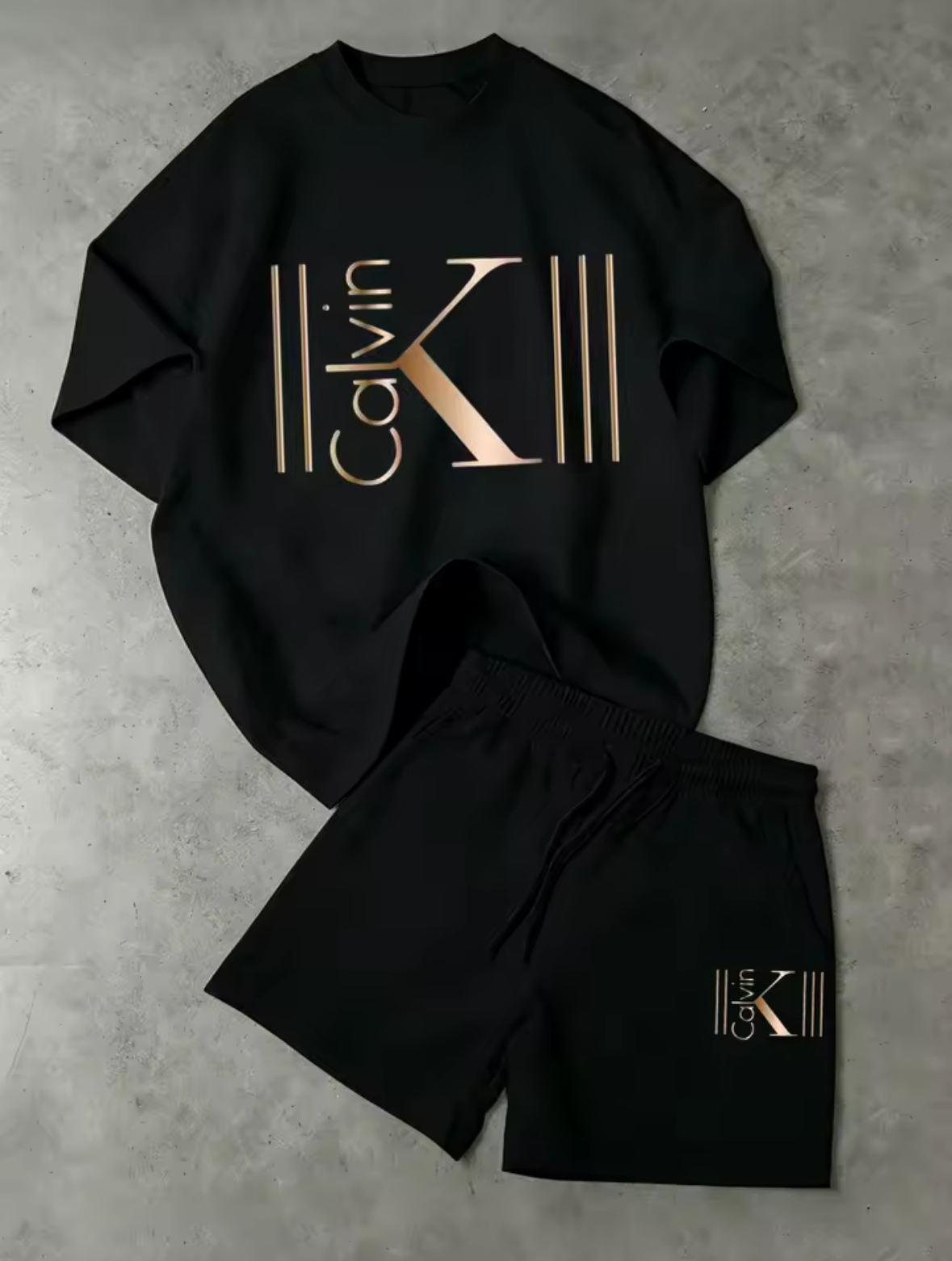 CK Graphic Short Set, Elastic Waist Pocket Three-Point Shorts Matching Tee For Beach Trips&Indoor Lounging