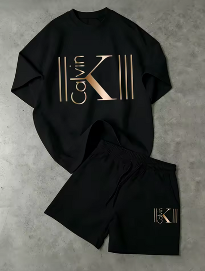 CK Graphic Short Set, Elastic Waist Pocket Three-Point Shorts Matching Tee For Beach Trips&Indoor Lounging