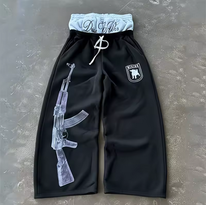 Ak47 High-Waisted Printed Embroidered Street Guard Pants Casual Straight Leg Double Waist Design Fashionable