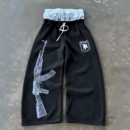 Ak47 High-Waisted Printed Embroidered Street Guard Pants Casual Straight Leg Double Waist Design Fashionable
