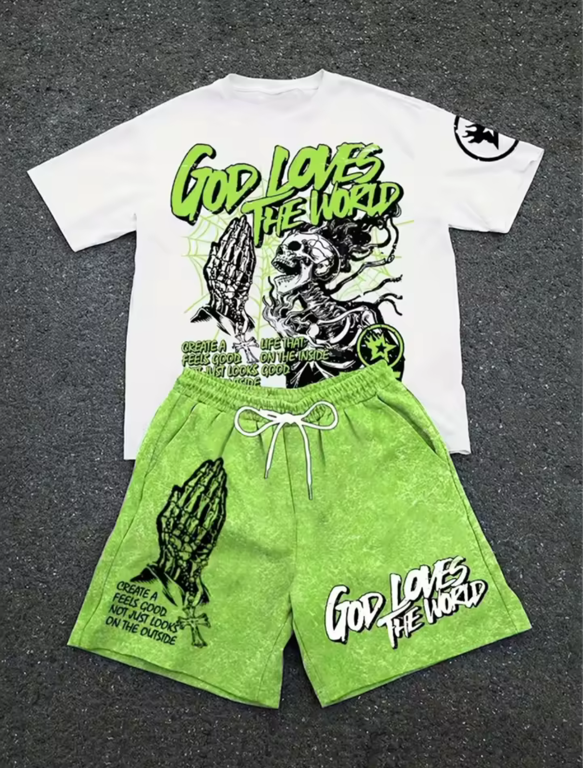 Men's summer skull letter print comfortable and breathable round neck T-shirt drawstring shorts set