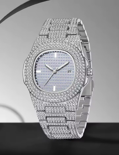 Luxury Men’s Quartz Wrist Watch – Alloy Y2K Diamond Iced-Out Design, Premium Shiny Statement Timepiece for Parties, Vacations & Gifts