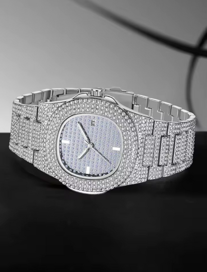 Luxury Men’s Quartz Wrist Watch – Alloy Y2K Diamond Iced-Out Design, Premium Shiny Statement Timepiece for Parties, Vacations & Gifts