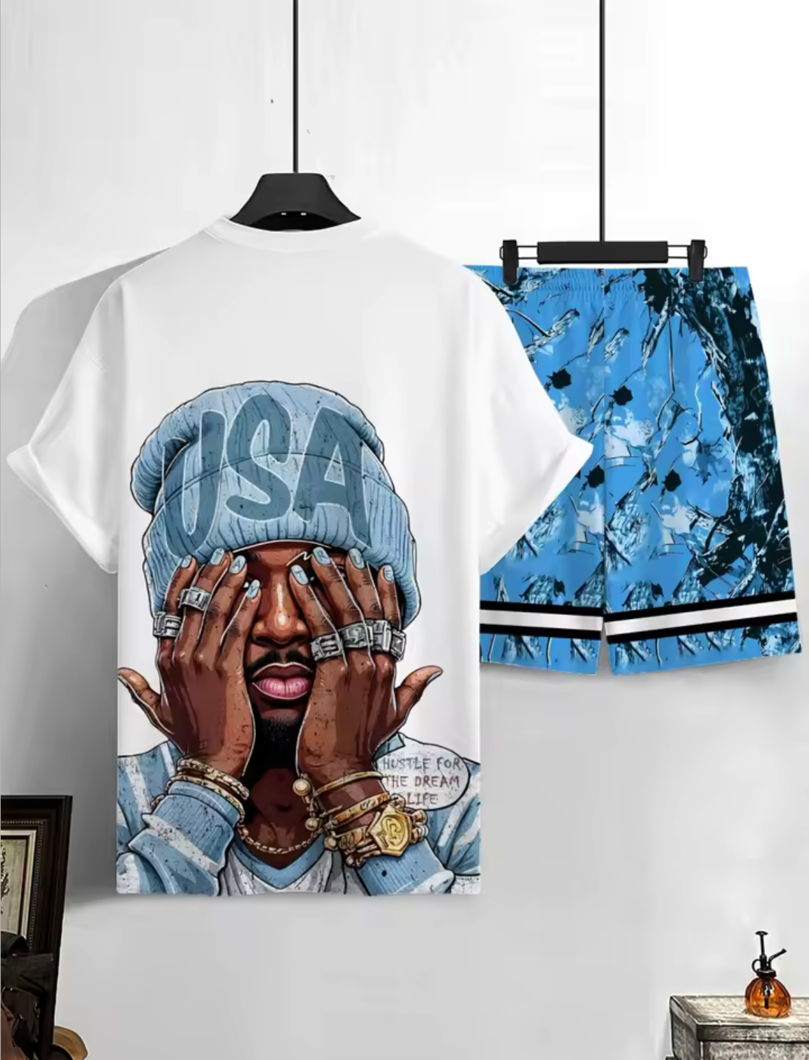 Men's summer fashion USA elastic breathable round neck T-shirt, drawstring shorts set