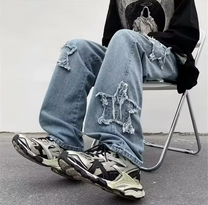 Star embroidered Mens Jeans Straight Hip Hop Cotton Trousers