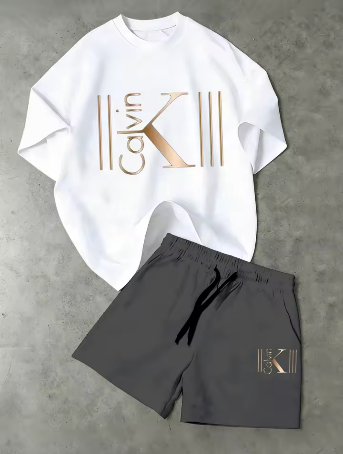 CK Graphic Short Set, Elastic Waist Pocket Three-Point Shorts Matching Tee For Beach Trips&Indoor Lounging