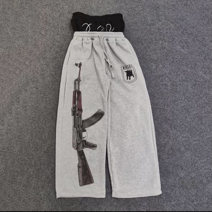 Ak47 High-Waisted Printed Embroidered Street Guard Pants Casual Straight Leg Double Waist Design Fashionable